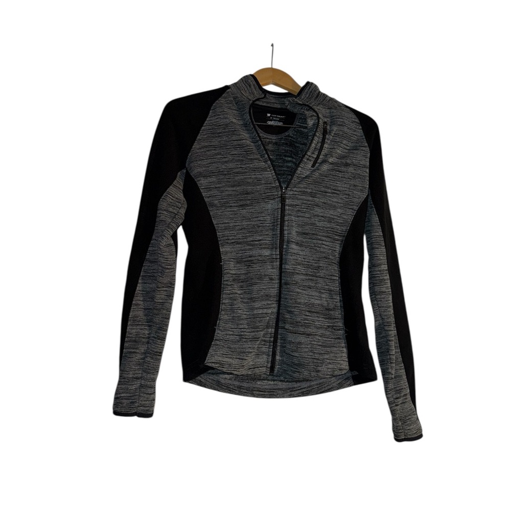Black and grey zip up fleece jacket.